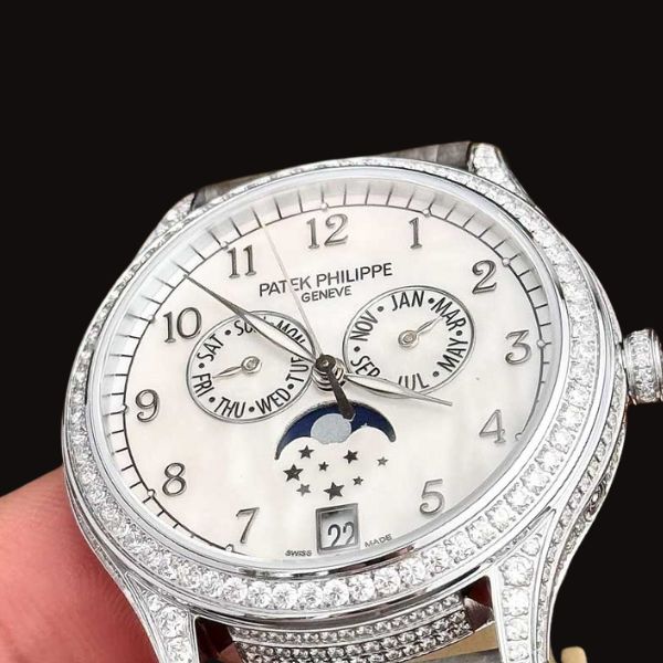 Patek Philippe Complications Bezel Kim Cương Mặt Trắng Dây Xám 