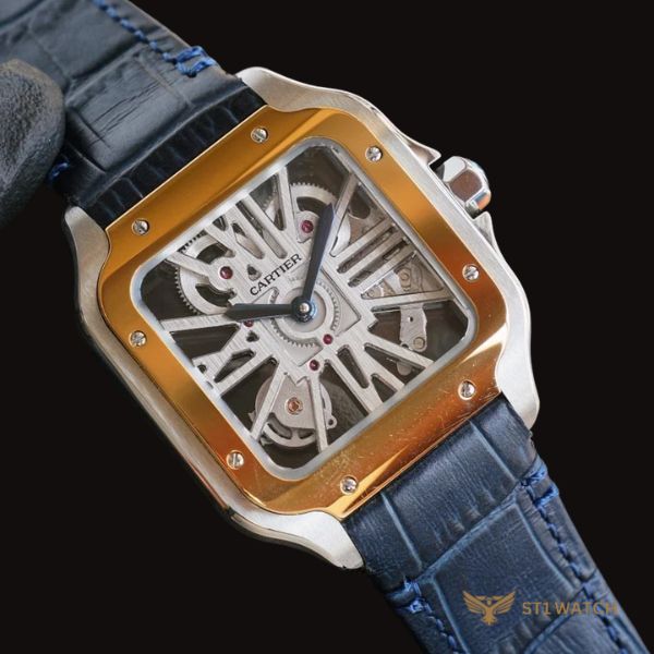 Cartier Santos Skeleton Demi Gold dây da 