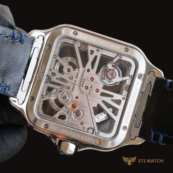 Cartier Santos Skeleton Demi Gold dây da 