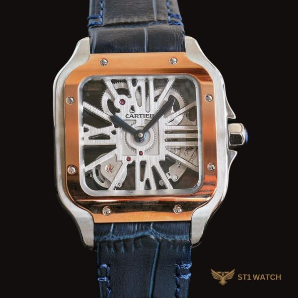 Cartier Santos Skeleton Demi Gold dây da